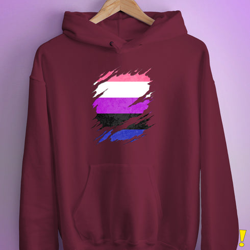 Genderfluid Pride Flag Ripped Reveal Hoodie - Maroon
